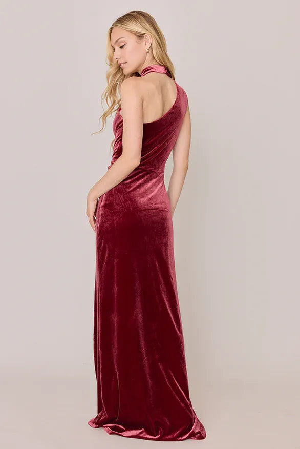 Refined Beautiful Timeless Elegant Burgundy Velvet High Neck Sleeveless Floor-Length Prom Dress