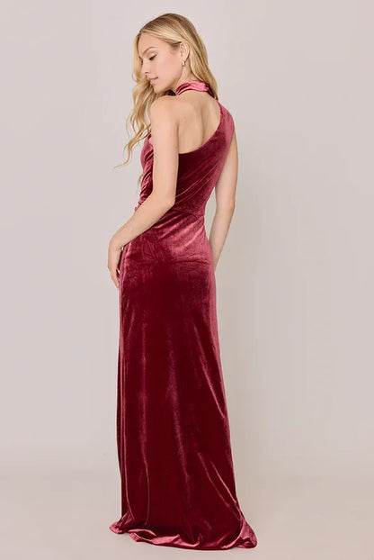 Refined Beautiful Timeless Elegant Burgundy Velvet High Neck Sleeveless Floor-Length Prom Dress