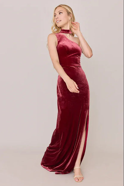 Refined Beautiful Timeless Elegant Burgundy Velvet High Neck Sleeveless Floor-Length Prom Dress
