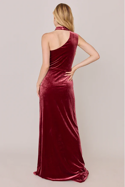 Refined Beautiful Timeless Elegant Burgundy Velvet High Neck Sleeveless Floor-Length Prom Dress