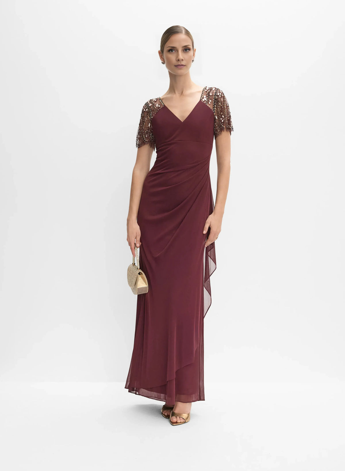 Graceful Stylish Refined Elegant Burgundy Chiffon V-Neck Short Sleeve Floor-Length Prom Dress