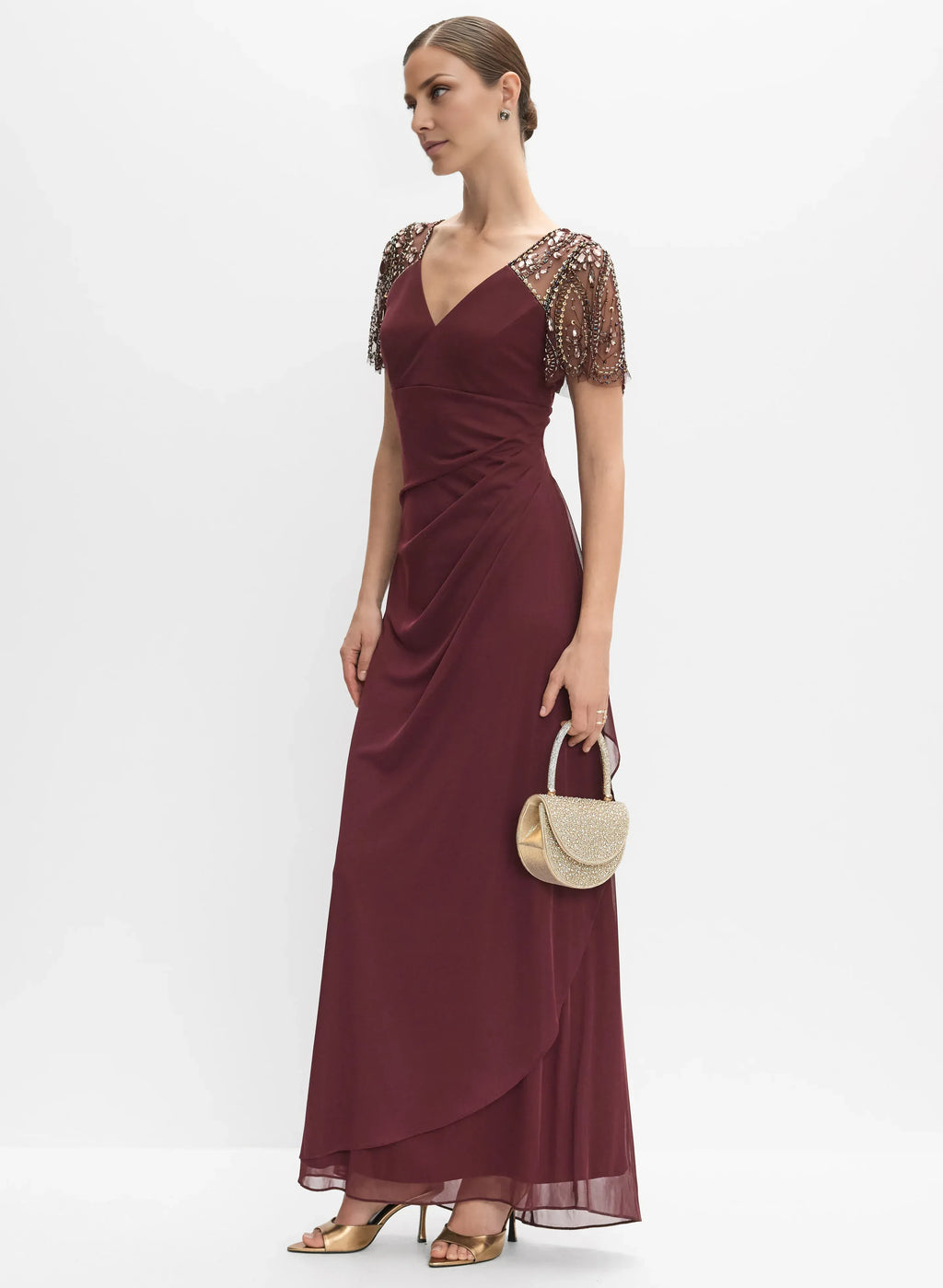 Graceful Stylish Refined Elegant Burgundy Chiffon V-Neck Short Sleeve Floor-Length Prom Dress