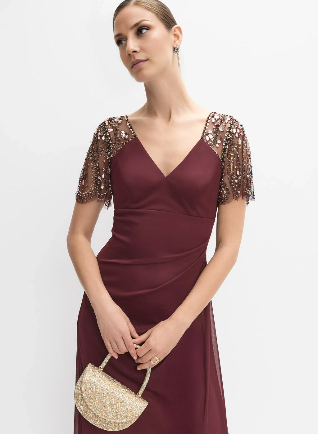 Graceful Stylish Refined Elegant Burgundy Chiffon V-Neck Short Sleeve Floor-Length Prom Dress