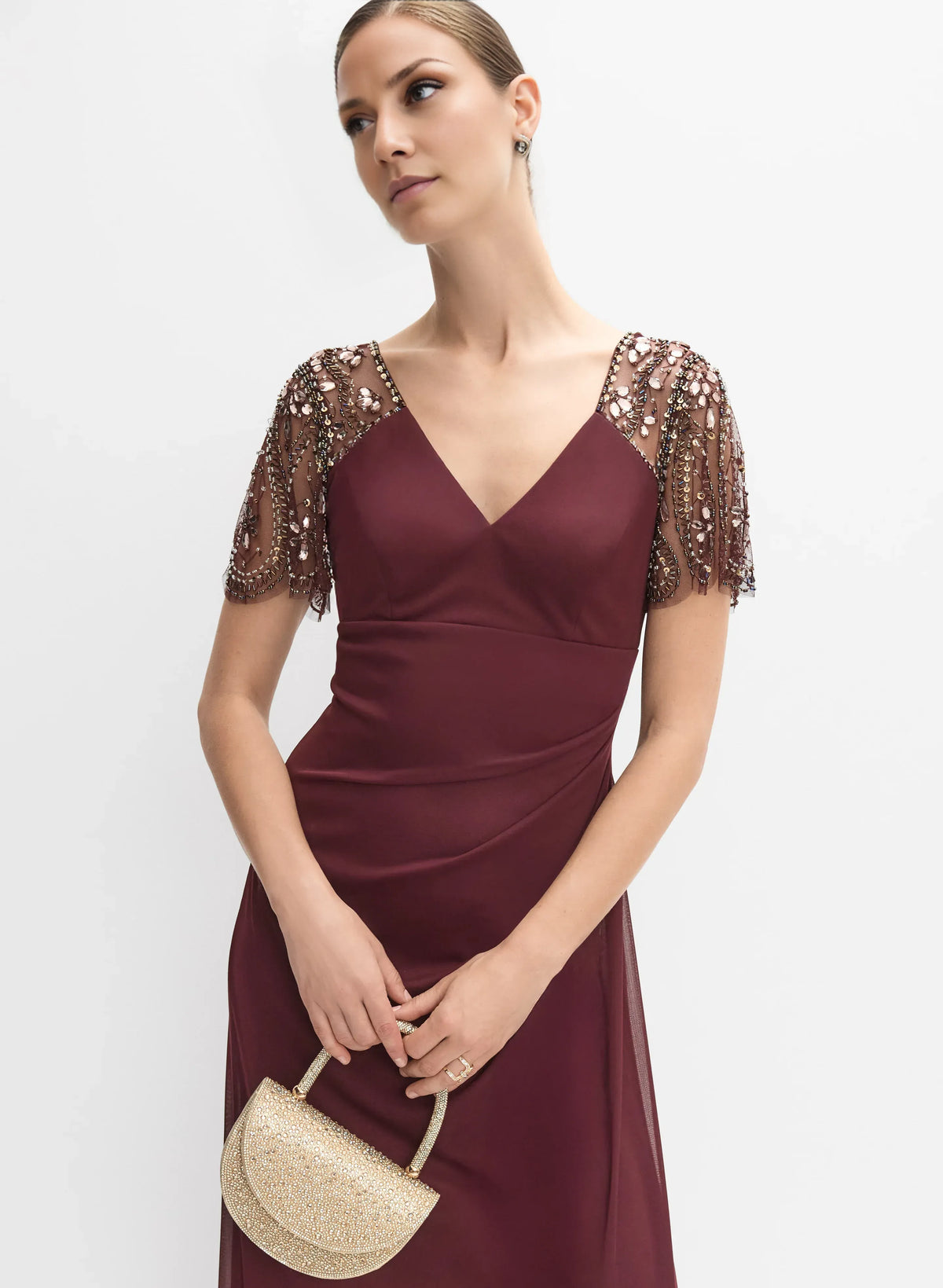 Graceful Stylish Refined Elegant Burgundy Chiffon V-Neck Short Sleeve Floor-Length Prom Dress