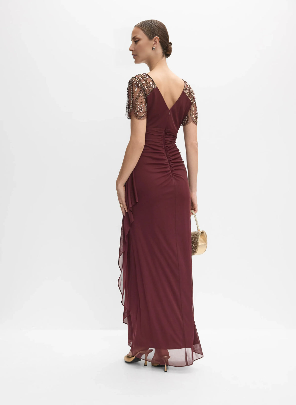 Graceful Stylish Refined Elegant Burgundy Chiffon V-Neck Short Sleeve Floor-Length Prom Dress