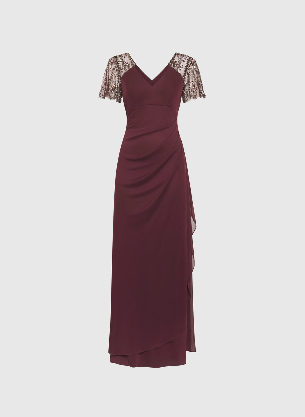 Graceful Stylish Refined Elegant Burgundy Chiffon V-Neck Short Sleeve Floor-Length Prom Dress