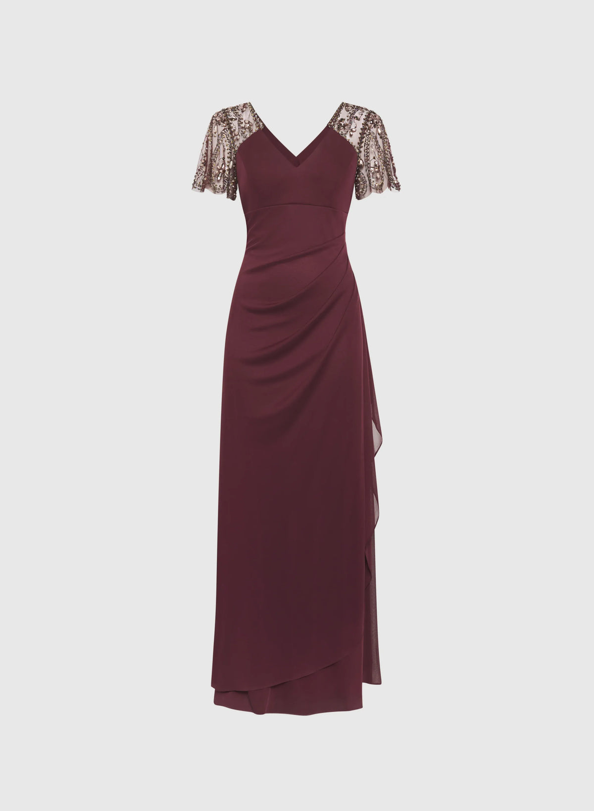 Graceful Stylish Refined Elegant Burgundy Chiffon V-Neck Short Sleeve Floor-Length Prom Dress