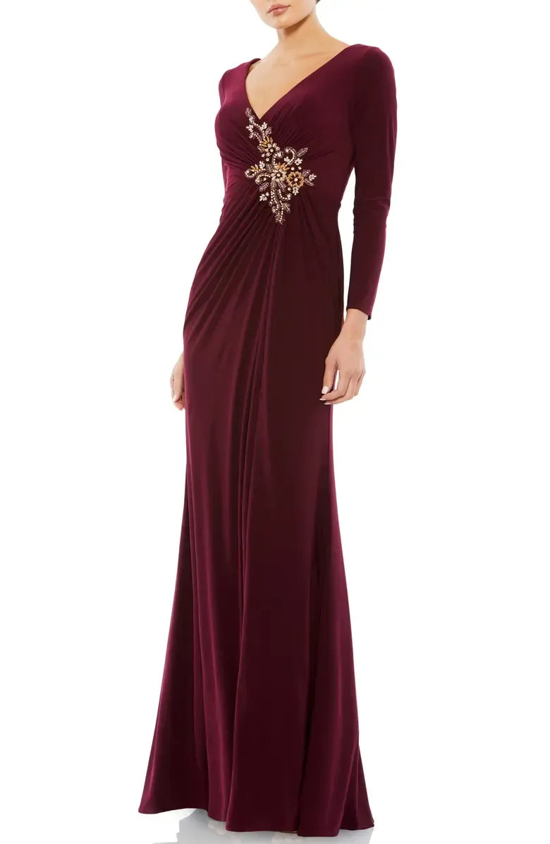 Stylish Refined Beautiful Timeless Elegant Burgundy Jersey Long Sleeve Floor-Length Prom Dress