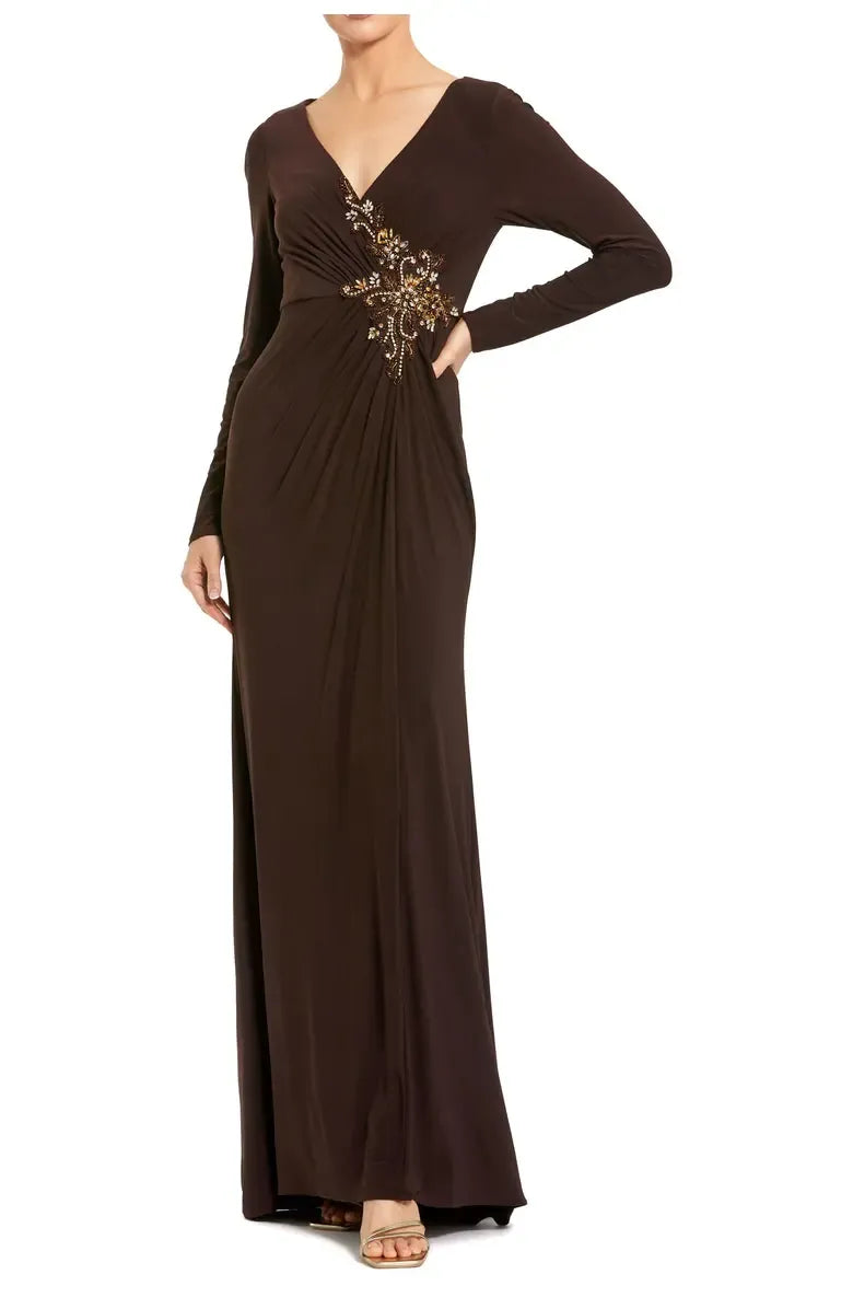 Stylish Refined Beautiful Timeless Elegant Burgundy Jersey Long Sleeve Floor-Length Prom Dress