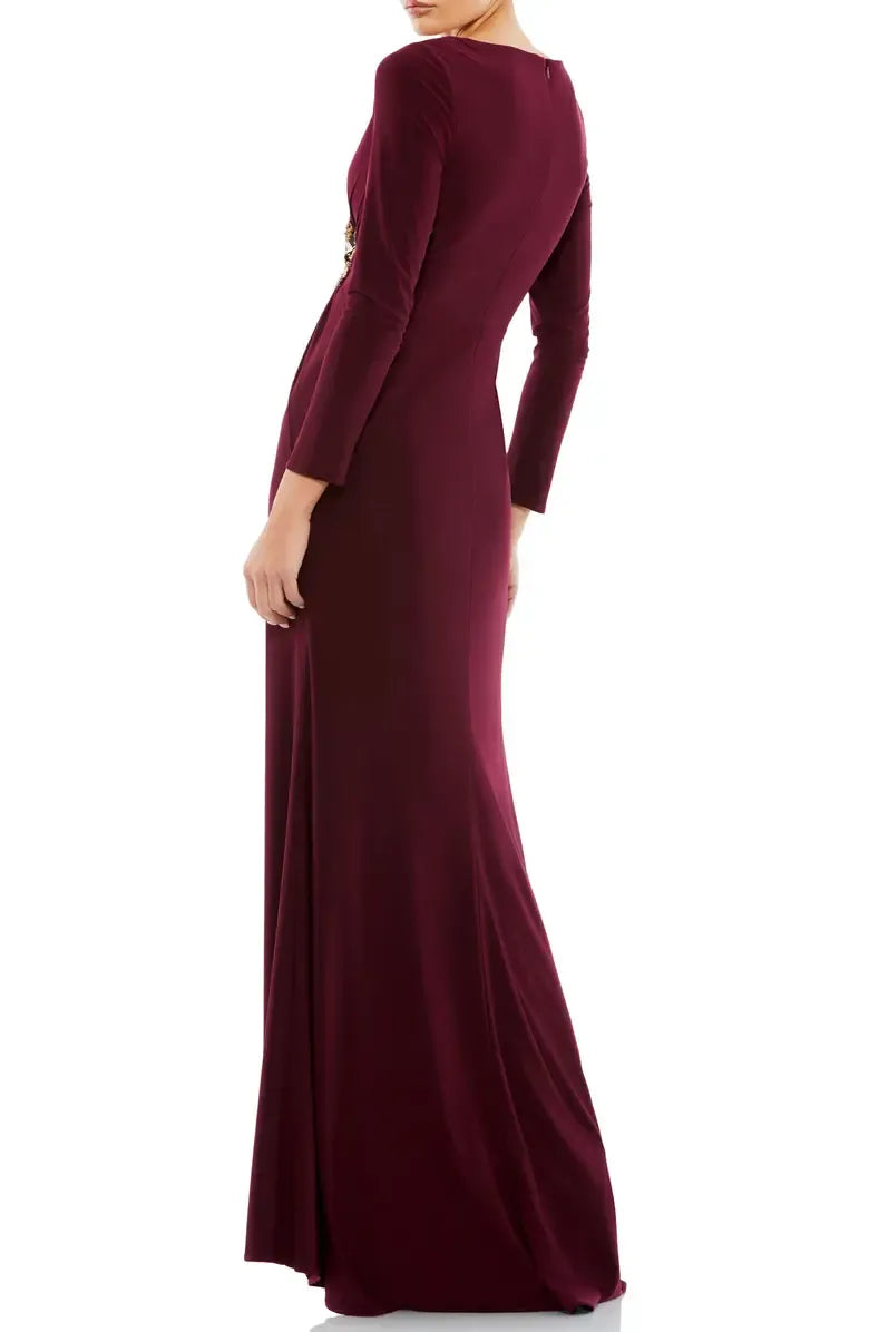 Stylish Refined Beautiful Timeless Elegant Burgundy Jersey Long Sleeve Floor-Length Prom Dress