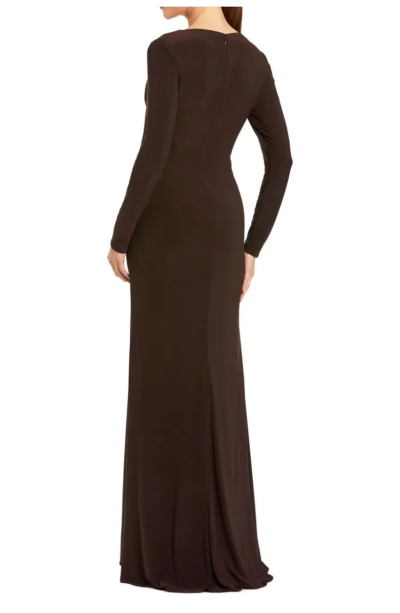 Stylish Refined Beautiful Timeless Elegant Burgundy Jersey Long Sleeve Floor-Length Prom Dress