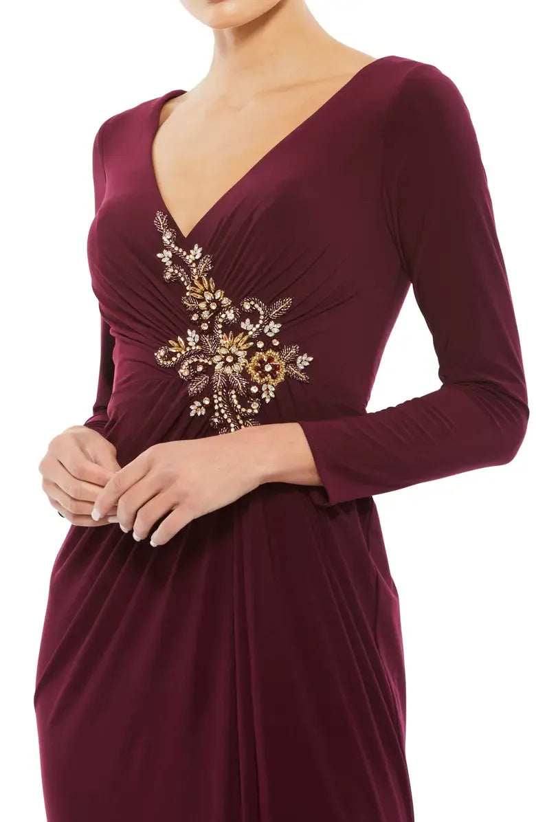 Stylish Refined Beautiful Timeless Elegant Burgundy Jersey Long Sleeve Floor-Length Prom Dress