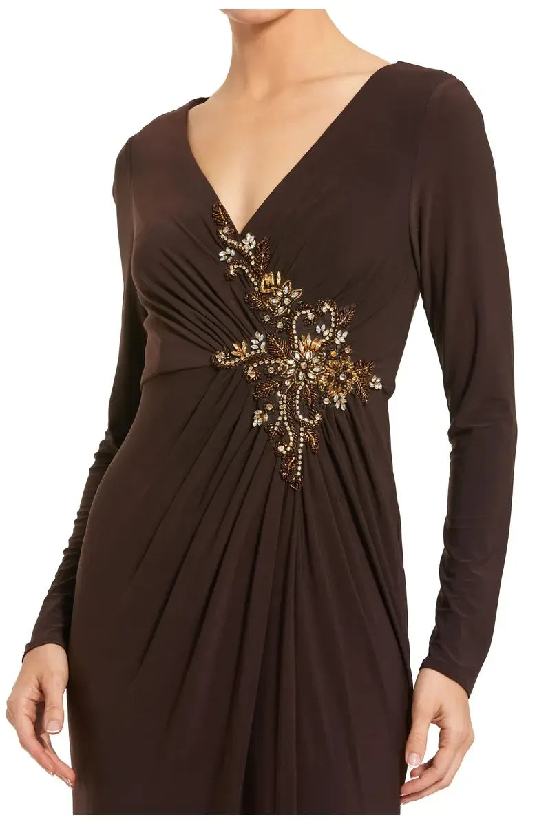 Stylish Refined Beautiful Timeless Elegant Burgundy Jersey Long Sleeve Floor-Length Prom Dress