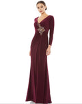 Stylish Refined Beautiful Timeless Elegant Burgundy Jersey Long Sleeve Floor-Length Prom Dress