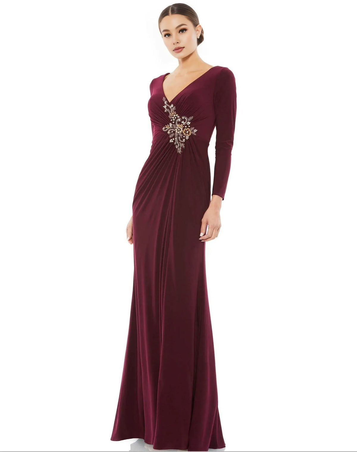 Stylish Refined Beautiful Timeless Elegant Burgundy Jersey Long Sleeve Floor-Length Prom Dress