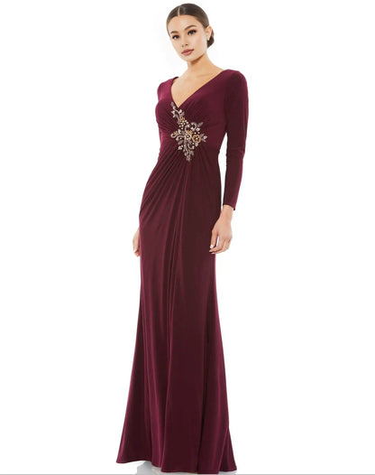 Stylish Refined Beautiful Timeless Elegant Burgundy Jersey Long Sleeve Floor-Length Prom Dress