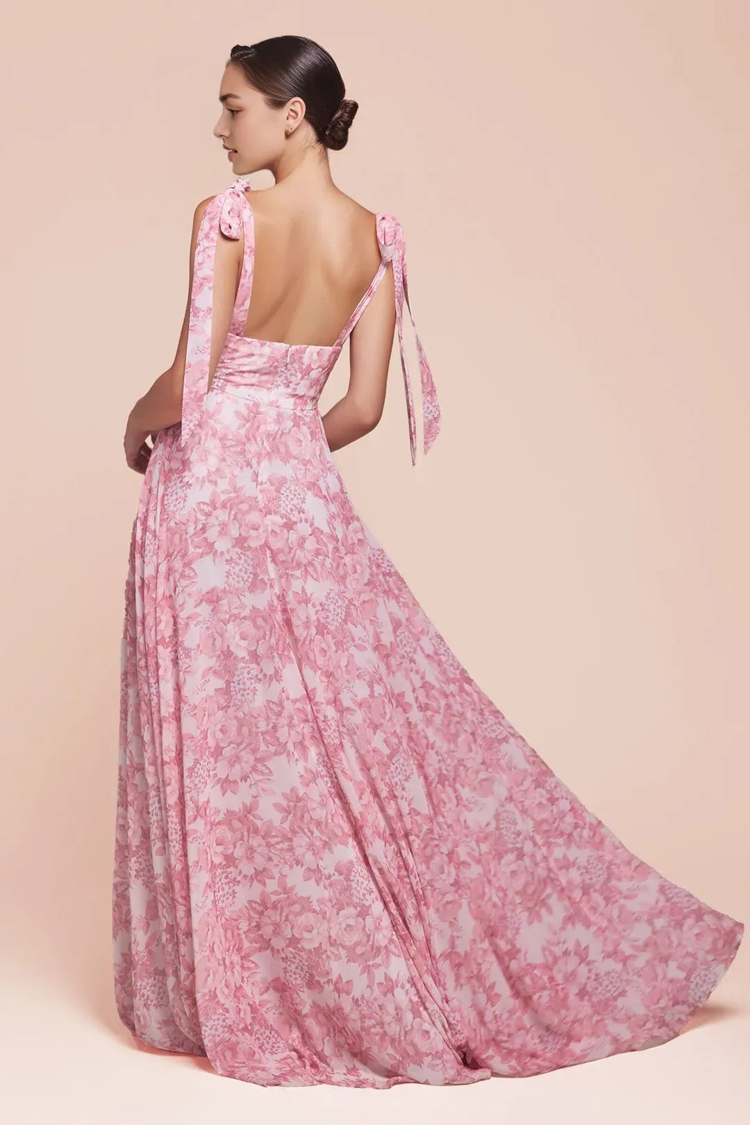 Floral Printed Prom Dress with Plunging V Neck Tie Strap Detail and High Side Slit for Romantic Occasions