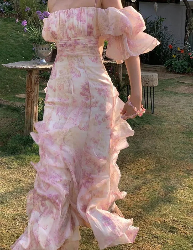 Pink Flowers Prom Dress Long Party Birthday Outfits