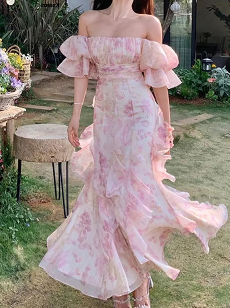 Pink Flowers Prom Dress Long Party Birthday Outfits