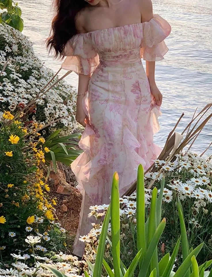 Pink Flowers Prom Dress Long Party Birthday Outfits