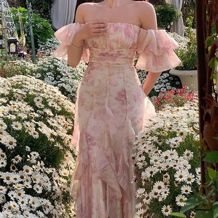 Pink Flowers Prom Dress Long Party Birthday Outfits