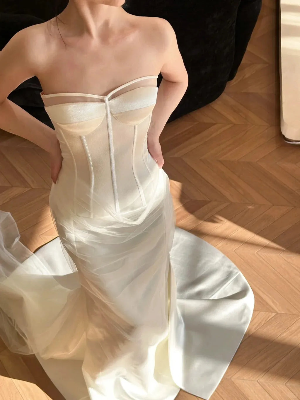 Flowy Strapless Herringbone Fitted Tight Bodice Train Wedding Dress