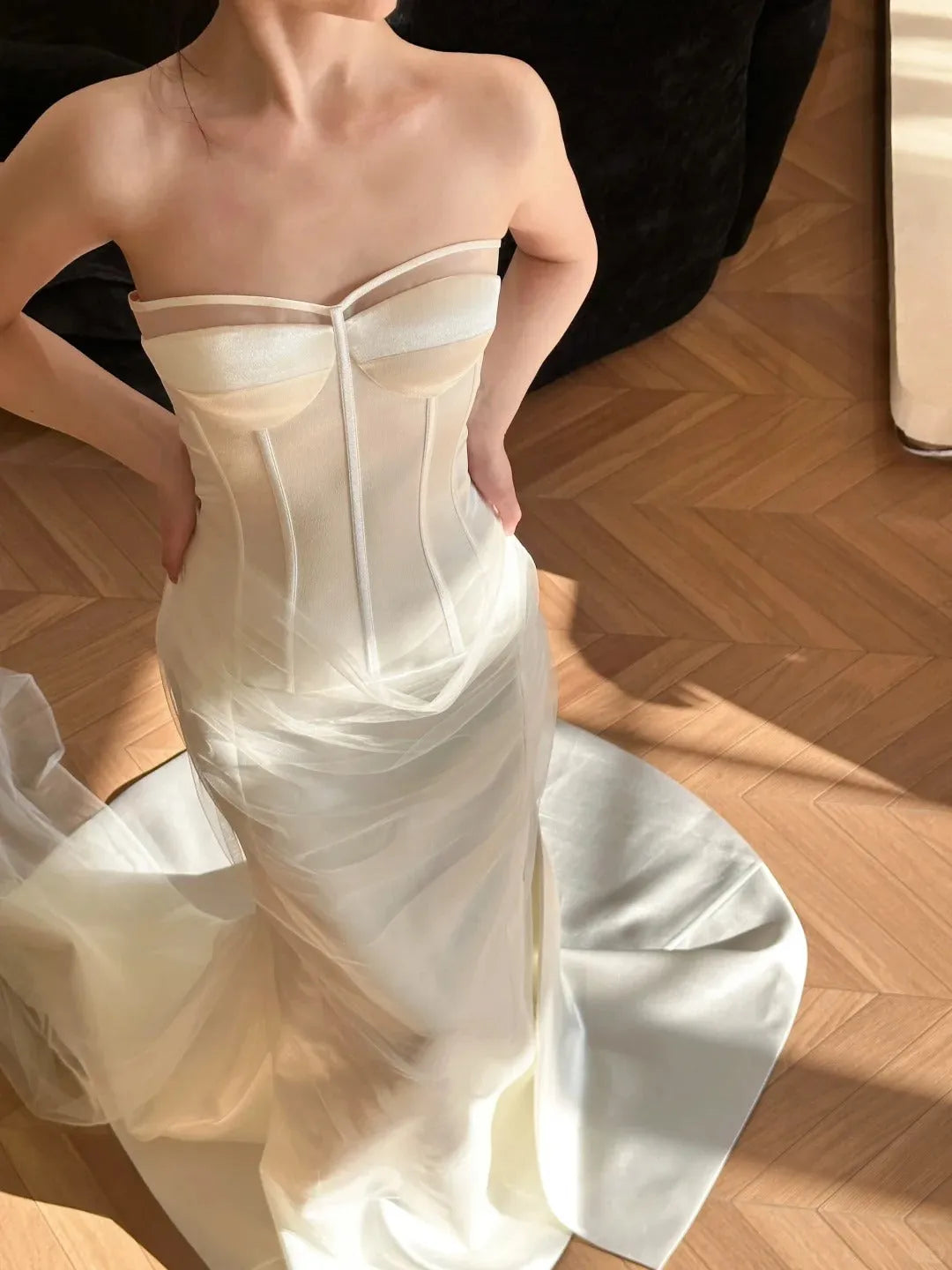 Flowy Strapless Herringbone Fitted Tight Bodice Train Wedding Dress