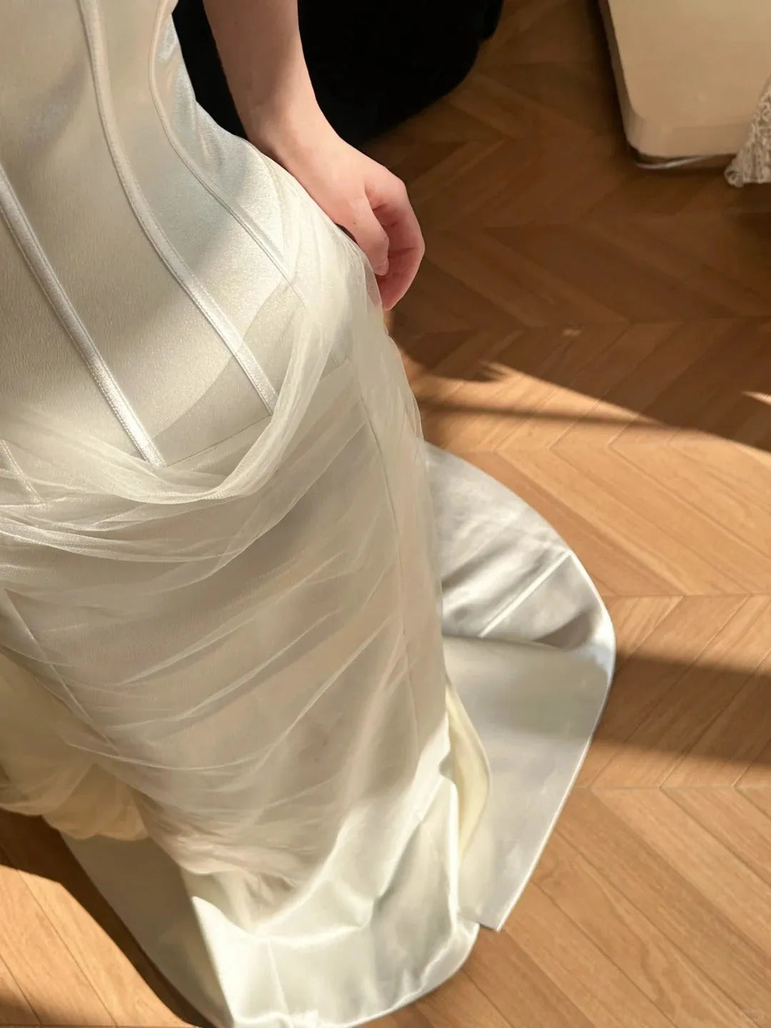 Flowy Strapless Herringbone Fitted Tight Bodice Train Wedding Dress