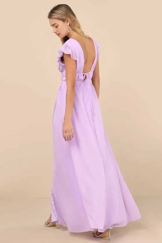 Purple Flutter-Sleeve Prom Dresses in Light Deep V-Neck Bow-Tie Waist Slit Skirt Romantic Flowy Design
