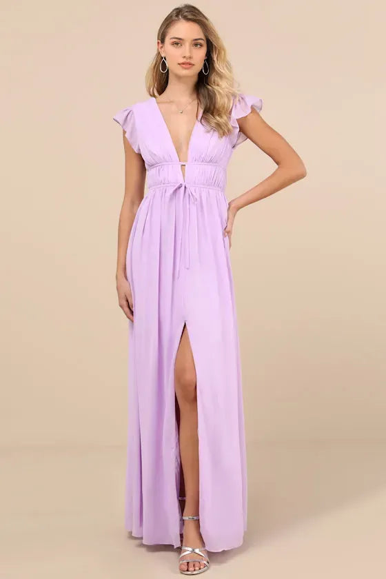 Purple Flutter-Sleeve Prom Dresses in Light Deep V-Neck Bow-Tie Waist Slit Skirt Romantic Flowy Design