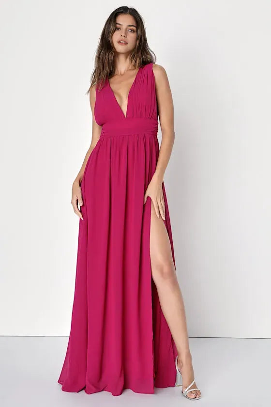 Fuchsia Sleeveless Evening Gown with Plunging V - Neck Ruched Bodice Elastic Waist High Side Slit