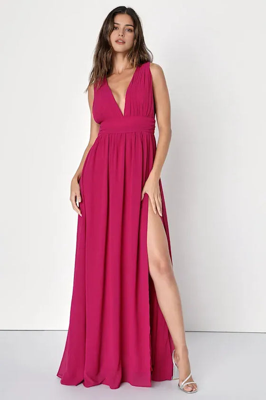 Elegant Slit A-Line V-Neck Sleeveless Classic-Back Floor-Length Evening Dress