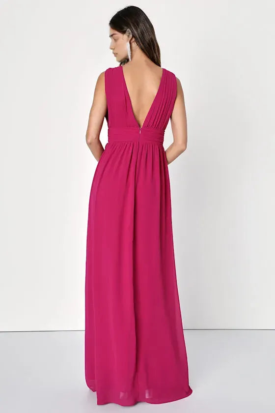 Fuchsia Sleeveless Evening Gown with Plunging V - Neck Ruched Bodice Elastic Waist High Side Slit