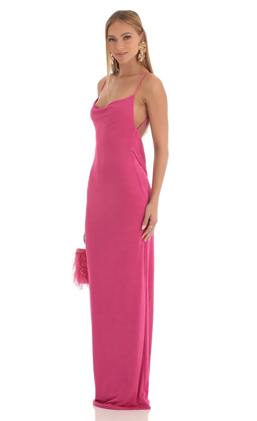 Fuchsia Cowl Neck Prom Dress with Spaghetti Straps Bodycon Fit Perfect for Glamorous