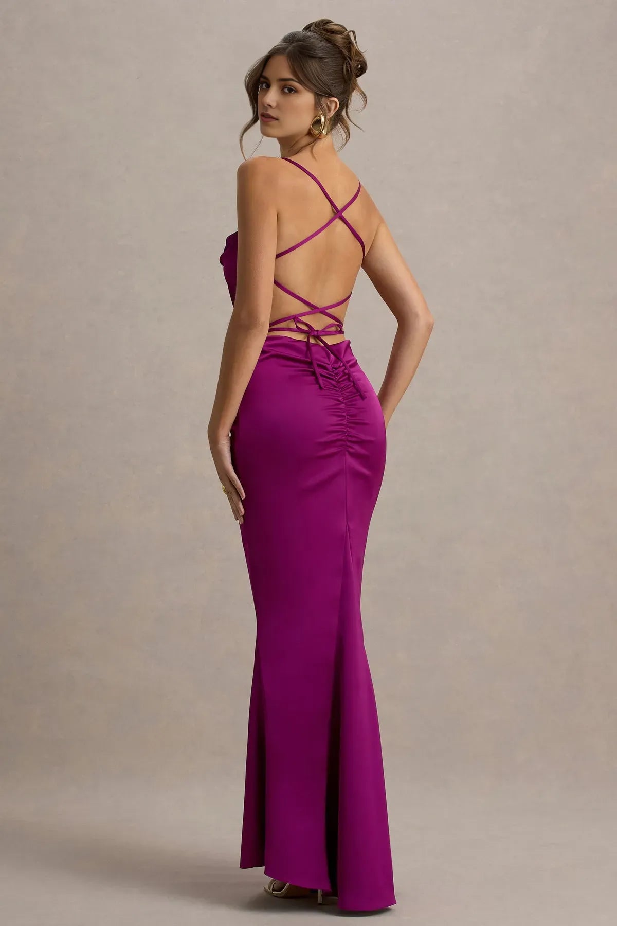 Fuchsia Prom Dress with Spaghetti Straps and Cowl Neck Detail