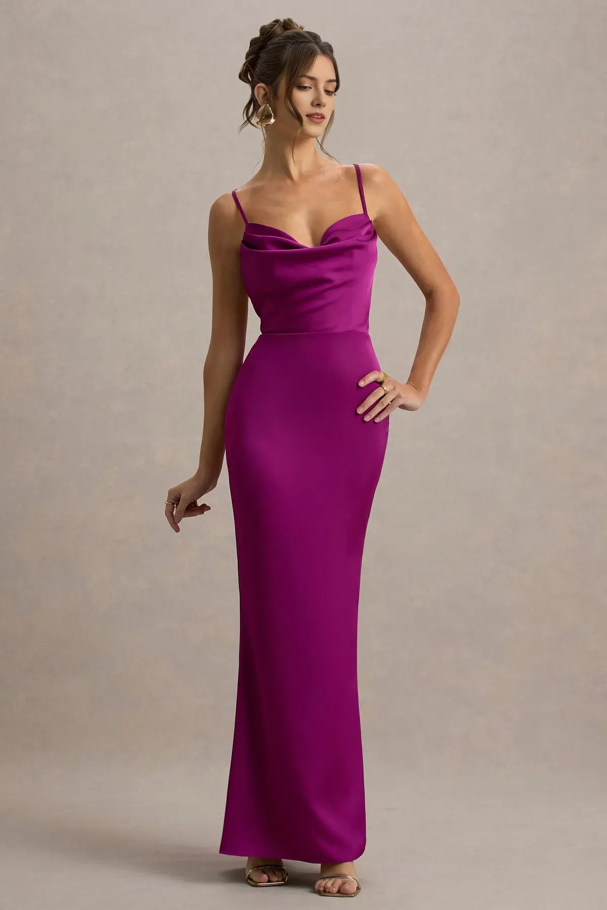 Fuchsia Prom Dress with Spaghetti Straps and Cowl Neck Detail