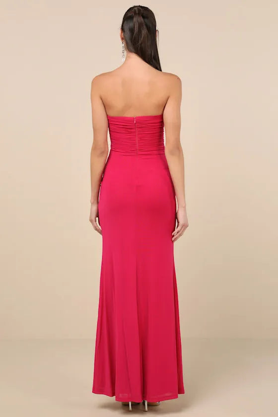 Fuchsia Strapless Prom Dress with Ruched Bodice Asymmetric Draped Skirt and High Thigh Side Slit for Formal Occasions