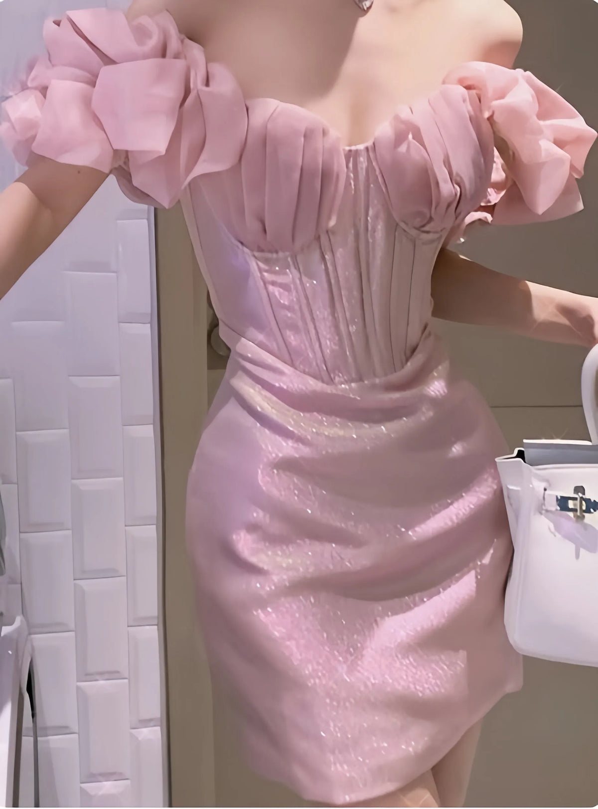 Pink Glitter Off Shoulder Homecoming Dress with Ruffled Sleeves Corset Bodice Shimmering