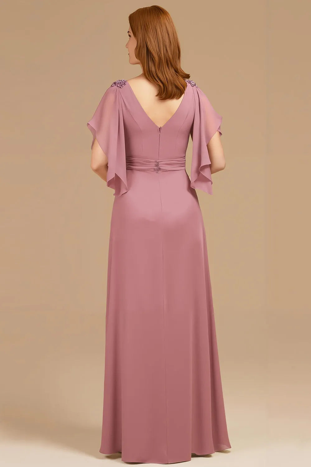 Grape A-Line V-Neck Ruched Flutter Sleeve Back Zip Floor-Length Mother of the Bride Dress