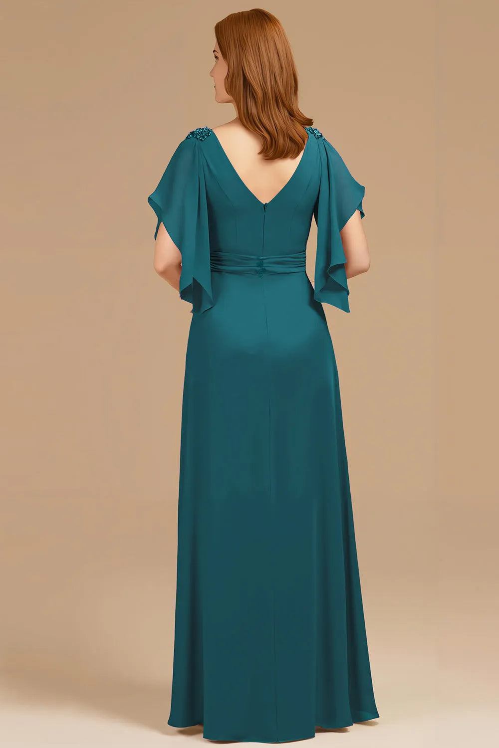 Grape A-Line V-Neck Ruched Flutter Sleeve Back Zip Floor-Length Mother of the Bride Dress
