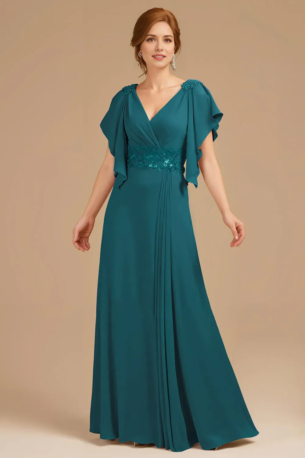 Grape A-Line V-Neck Ruched Flutter Sleeve Back Zip Floor-Length Mother of the Bride Dress