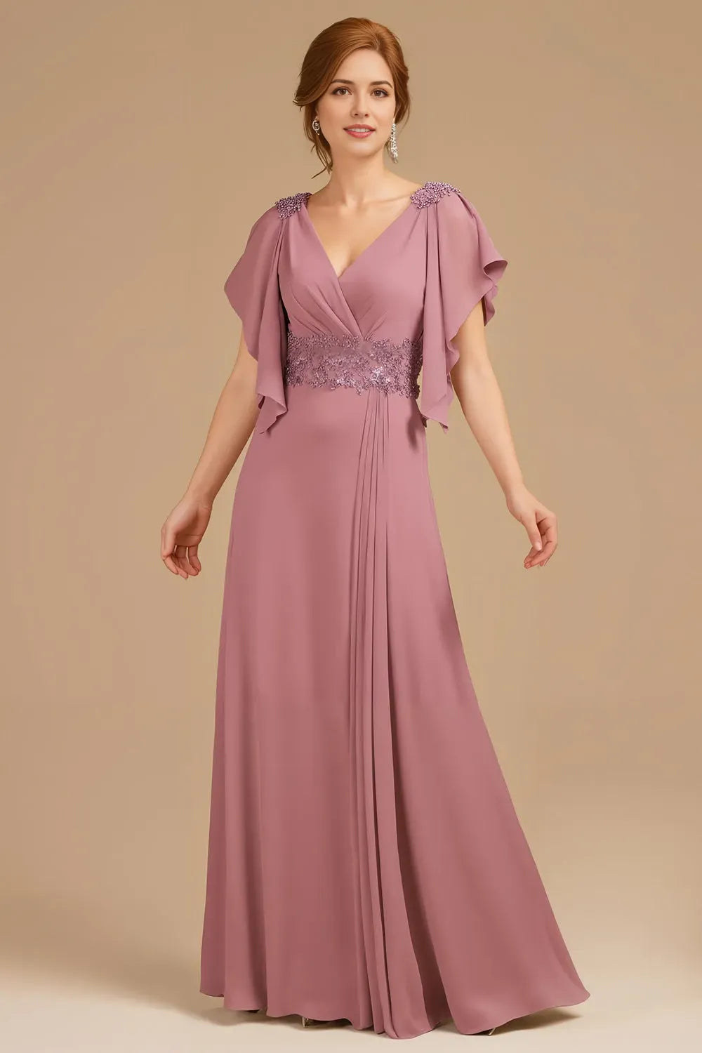 Grape A-Line V-Neck Ruched Flutter Sleeve Back Zip Floor-Length Mother of the Bride Dress