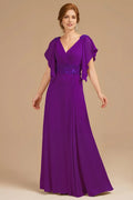 Grape A-Line V-Neck Ruched Flutter Sleeve Back Zip Floor-Length Mother of the Bride Dress
