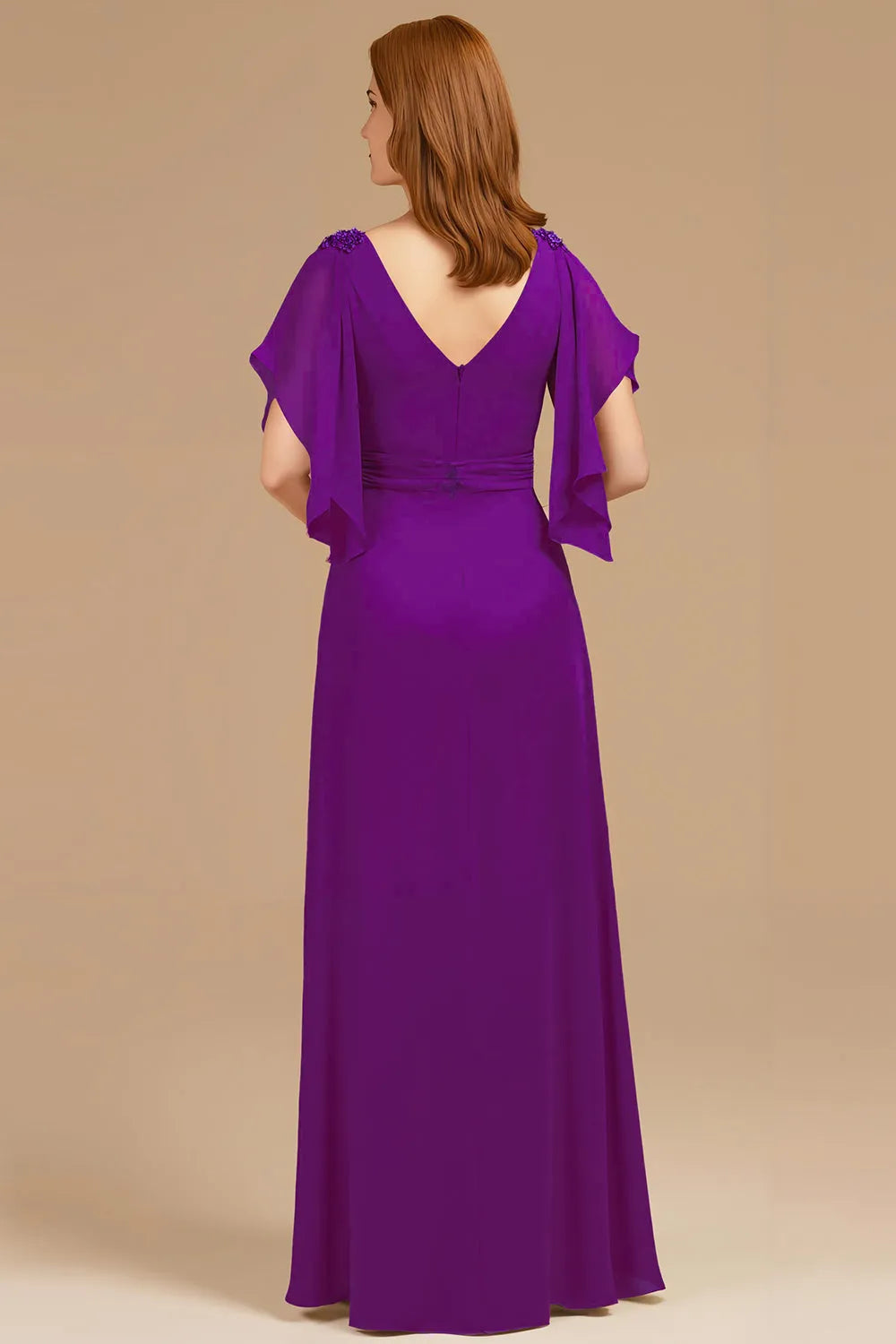Grape A-Line V-Neck Ruched Flutter Sleeve Back Zip Floor-Length Mother of the Bride Dress