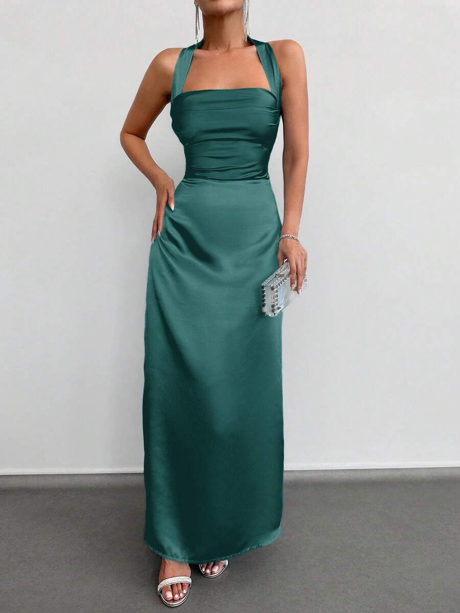 Green A-Line Halter Neck Sleeveless Open Back Back Zip Ruched Ankle-Length Prom Dresses