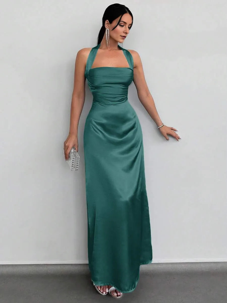 Green A-Line Halter Neck Sleeveless Open Back Back Zip Ruched Ankle-Length Prom Dresses