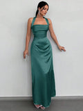 Green A-Line Halter Neck Sleeveless Open Back Back Zip Ruched Ankle-Length Prom Dresses