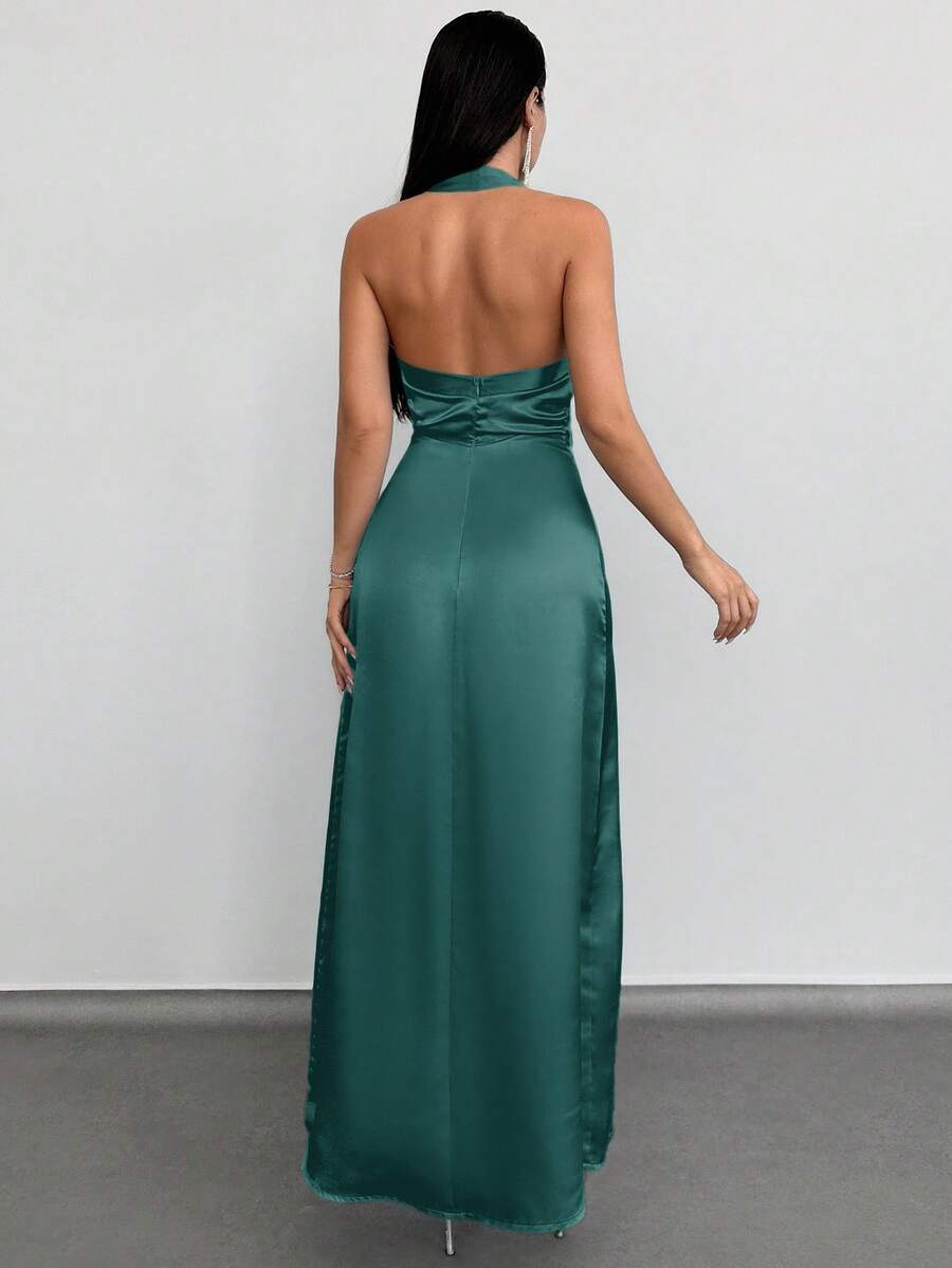 Green A-Line Halter Neck Sleeveless Open Back Back Zip Ruched Ankle-Length Prom Dresses