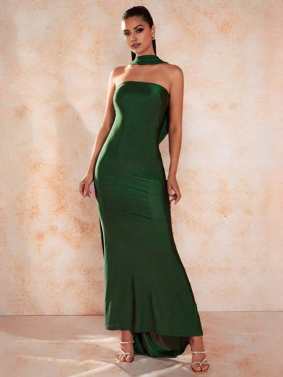 Green Mermaid Halter Neck Sleeveless Draped Back Floor-Length High Slit Prom Dresses
