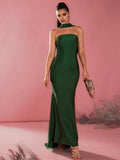 Green Mermaid Halter Neck Sleeveless Draped Back Floor-Length High Slit Prom Dresses